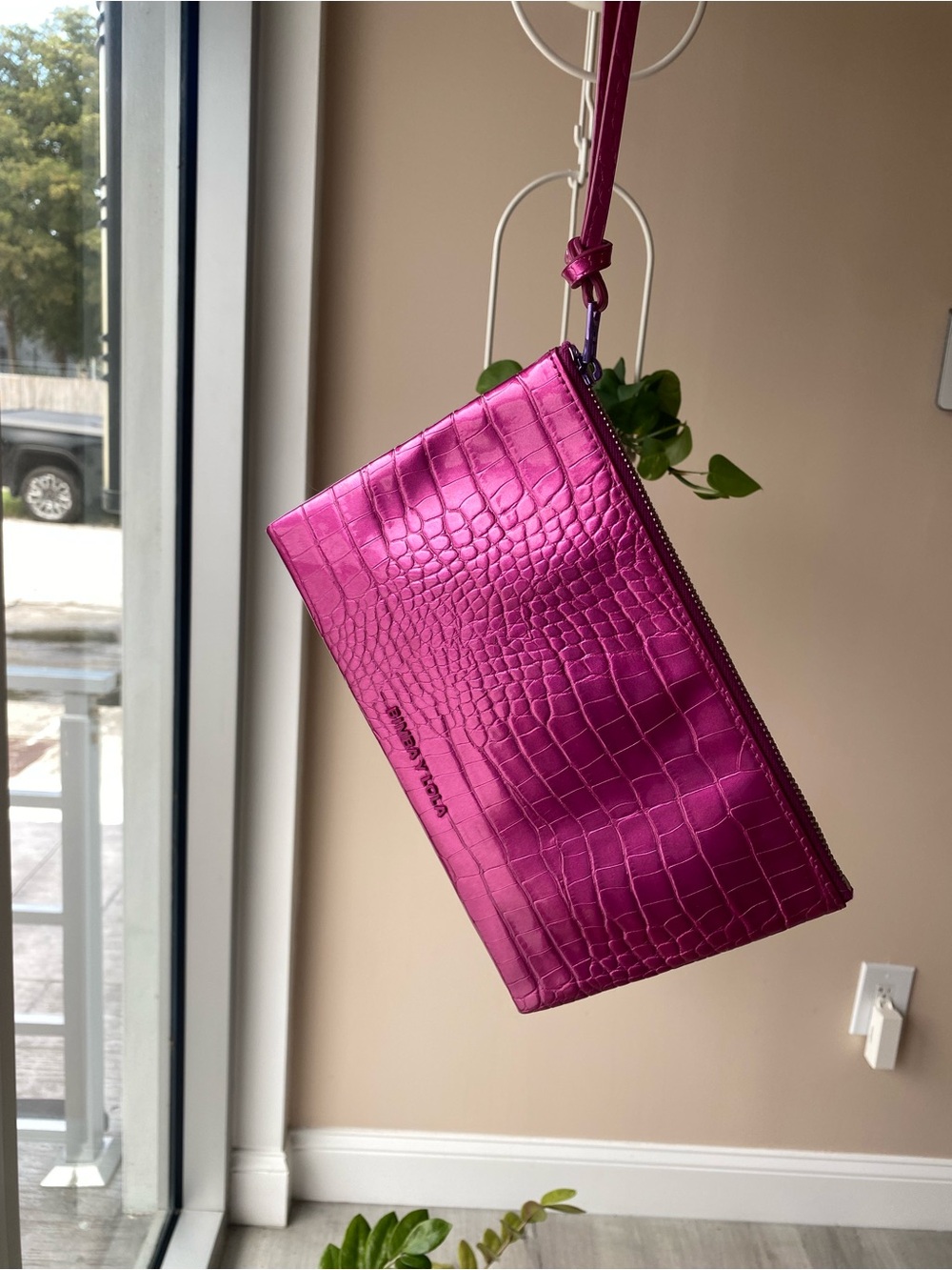 Bimba y Lola Hot Pink Croc-Embossed Wristlet Clutch Wallet